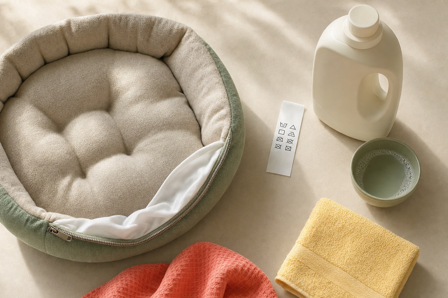 A dog bed with its removable cover unzipped beside a care label, mild detergent, and towels