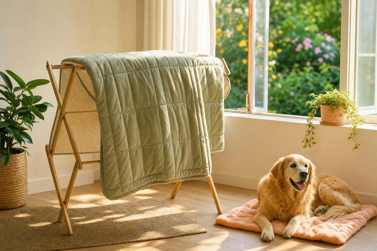 A freshly washed dog bed cover air drying near a sunny window