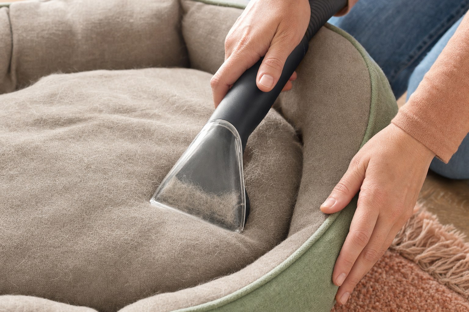 Hands using an upholstery vacuum to remove loose fur from a dog bed