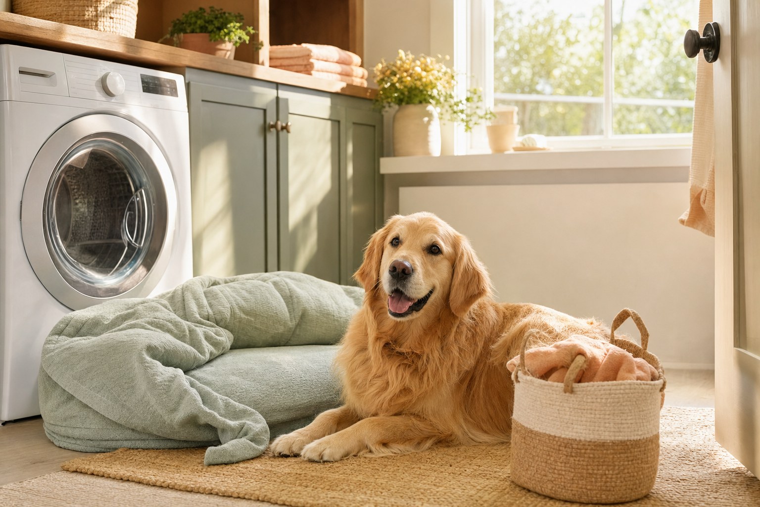 A golden retriever beside a soft dog bed in a sunny laundry room