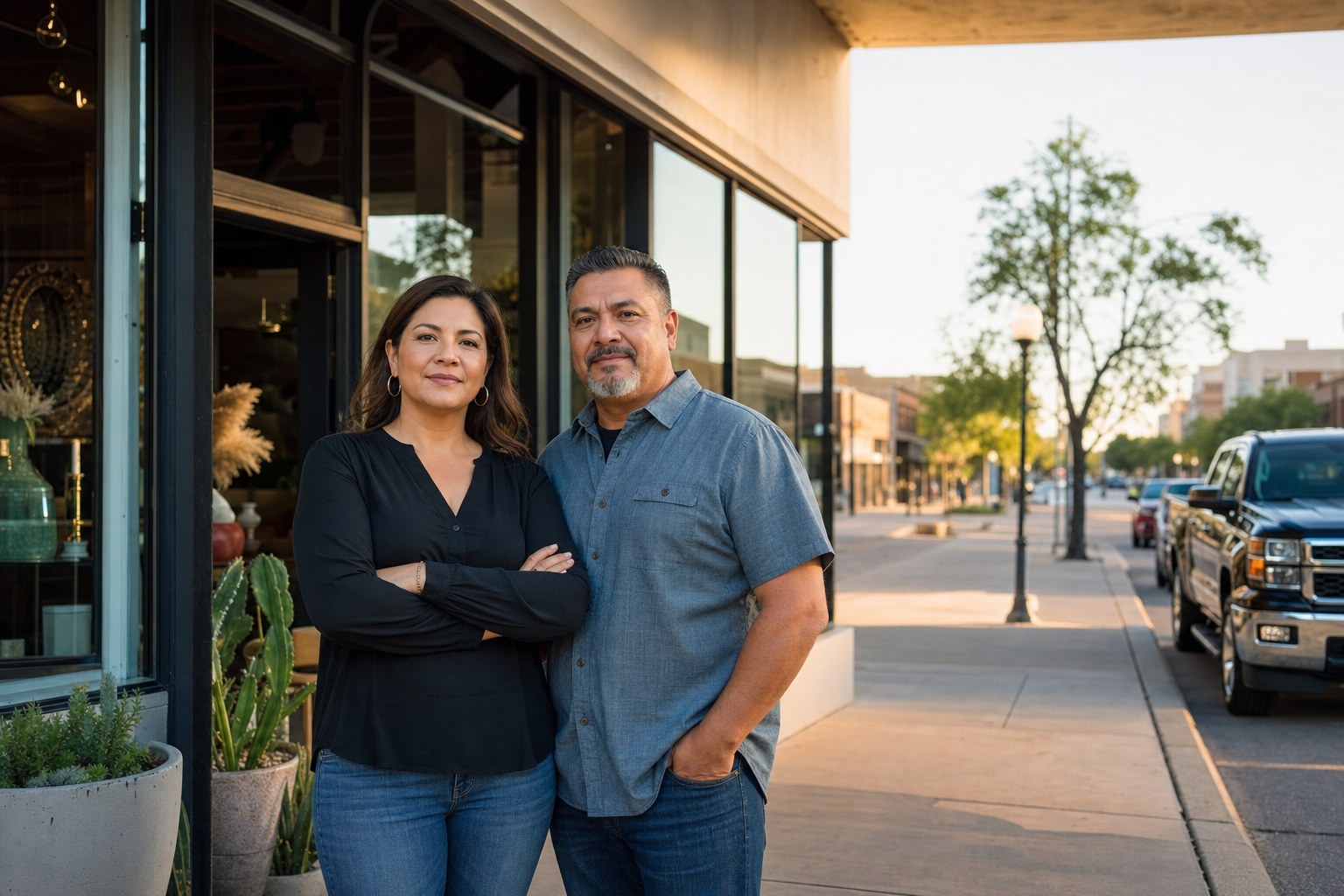 Hispanic small business owners outside their West Texas storefront