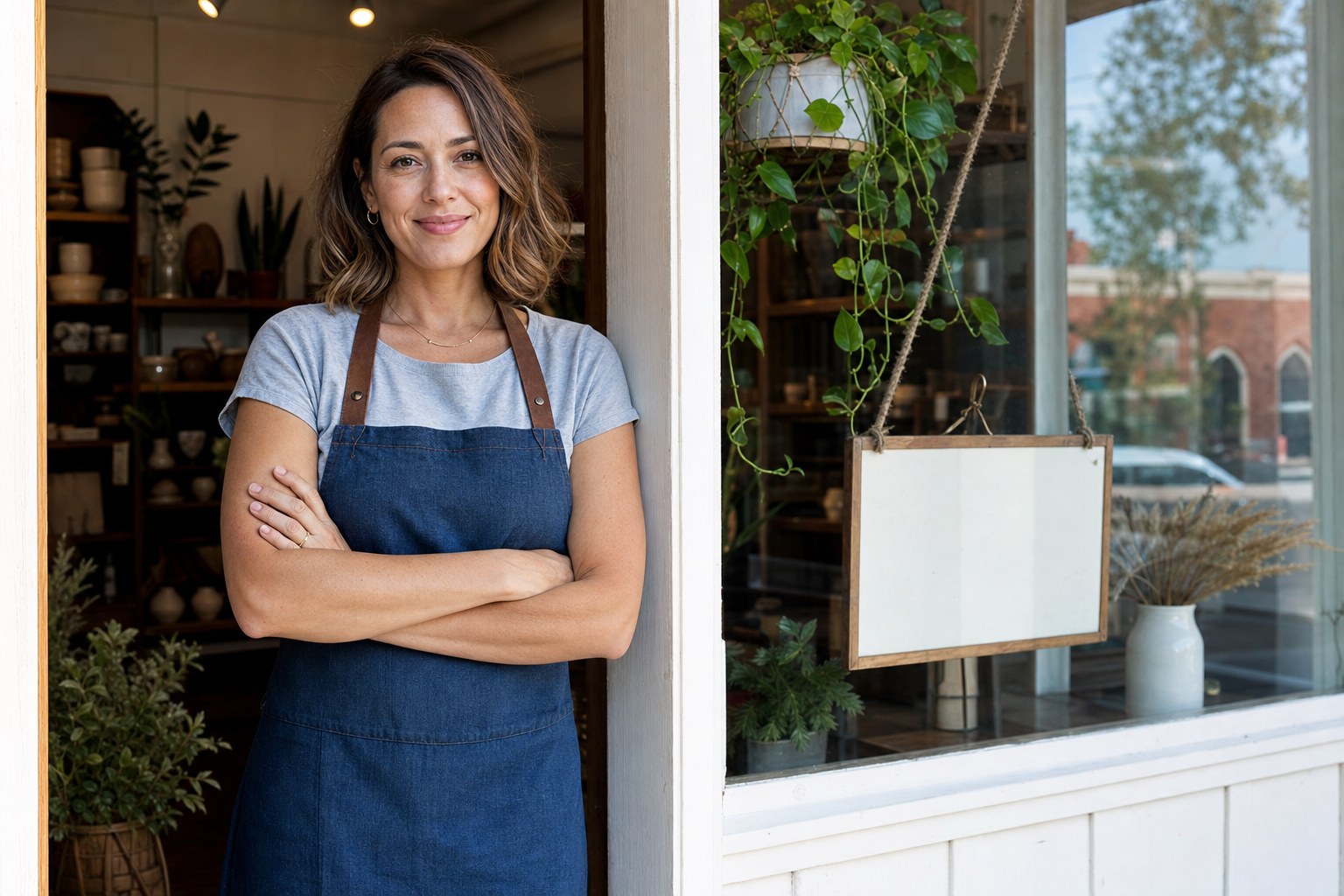 A small business owner standing at a local storefront