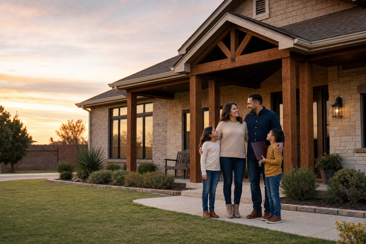 Family standing outside their West Texas home at sunset