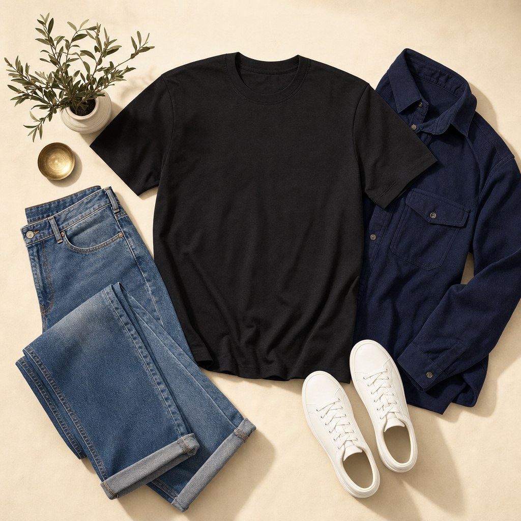 Black T-shirt styled with denim, white sneakers, and a navy overshirt
