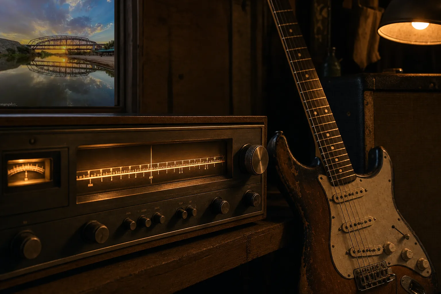 Sunset bridge and river reflected through a radio room window