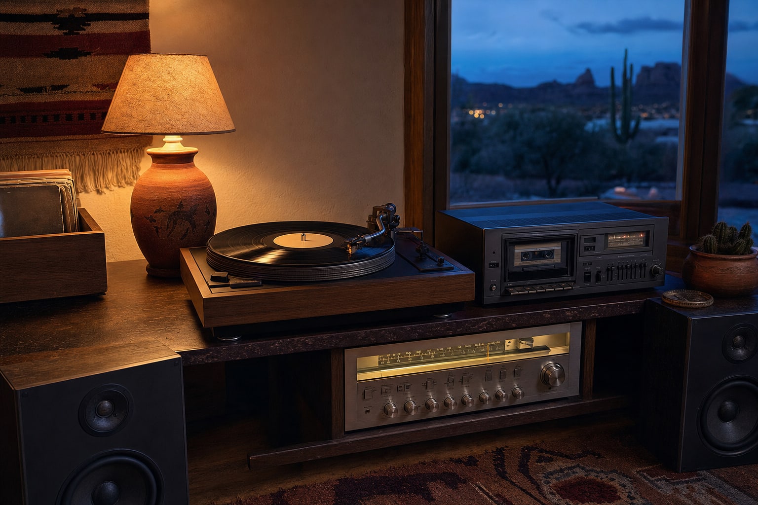 Vintage turntable and cassette deck in a Southwest listening room at blue hour