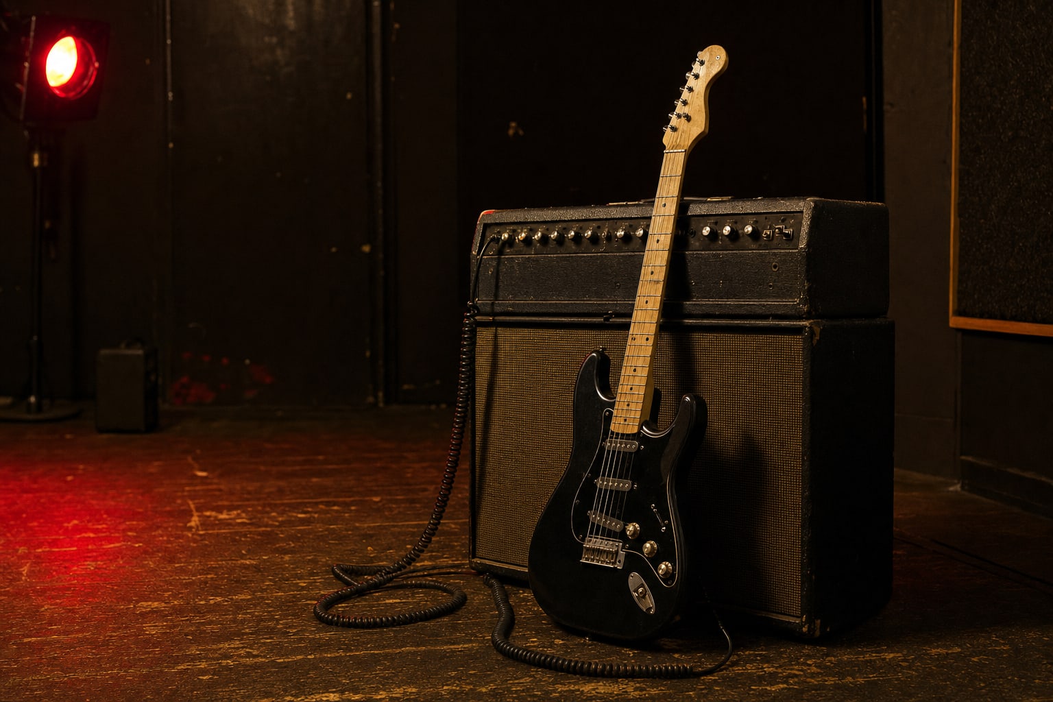 Electric guitar beside a vintage amplifier in a dark rehearsal room