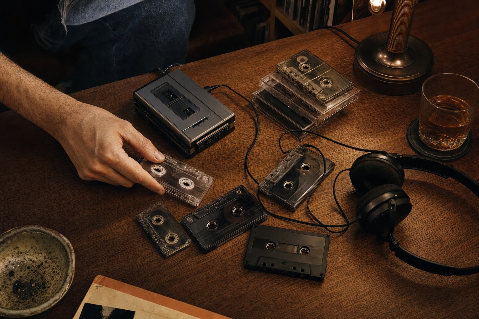 Cassette tapes, headphones, and a portable cassette player on a wood table