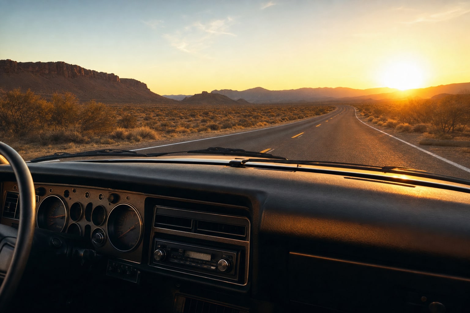 Open desert highway seen through the windshield of a classic car at sunset