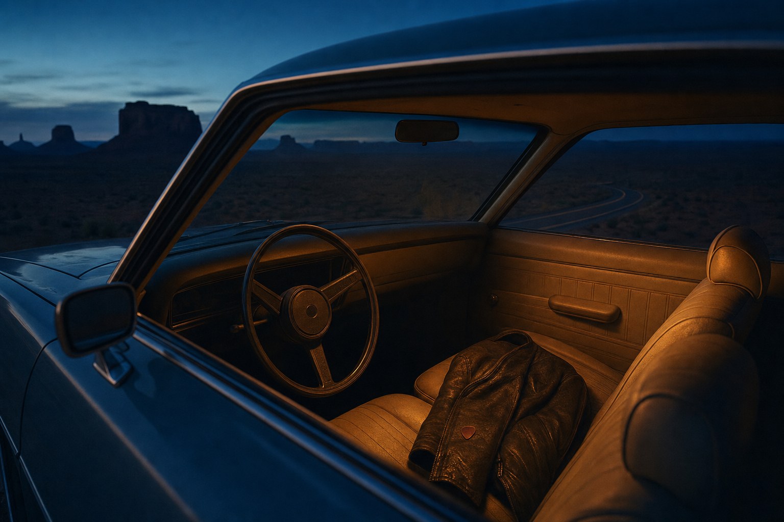 Vintage coupe parked beside a Southwest desert road at blue hour
