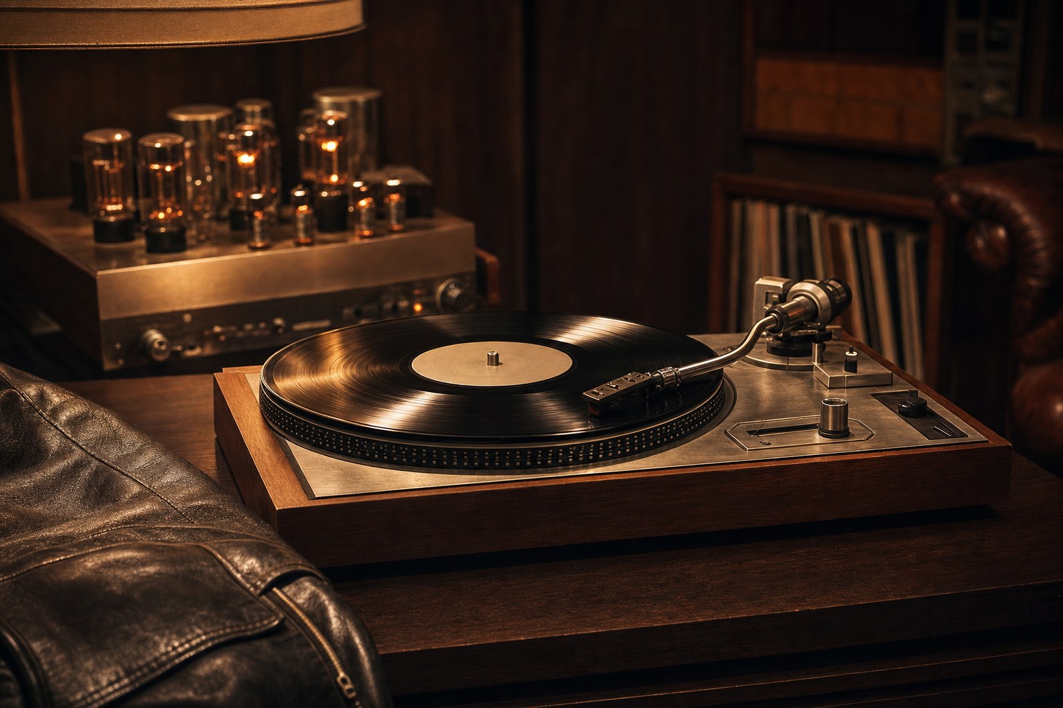 Vinyl record playing on a vintage turntable in a warmly lit listening room
