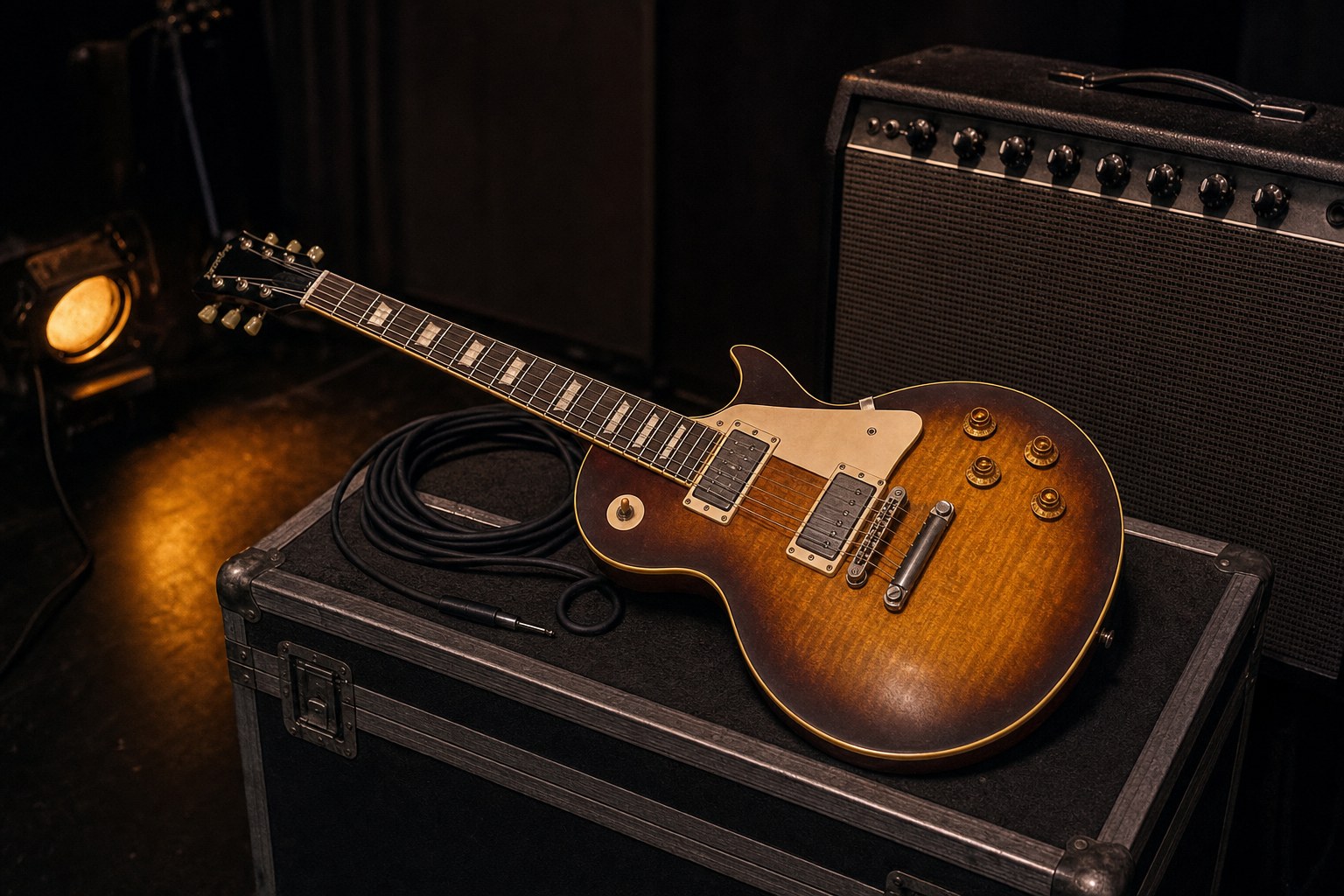 Electric guitar and amplifier in a dark rehearsal room