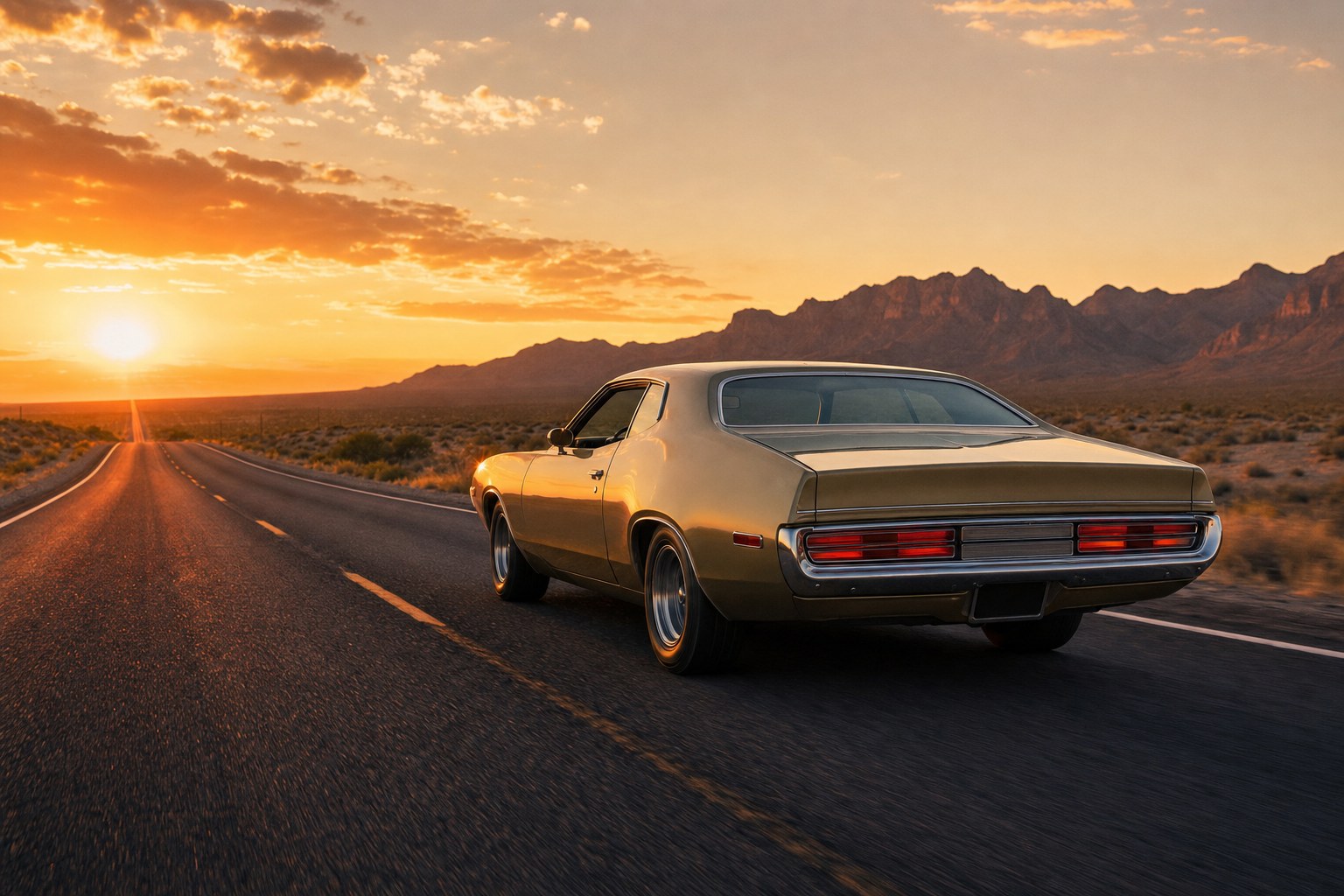 Classic American coupe driving on a desert highway at sunset