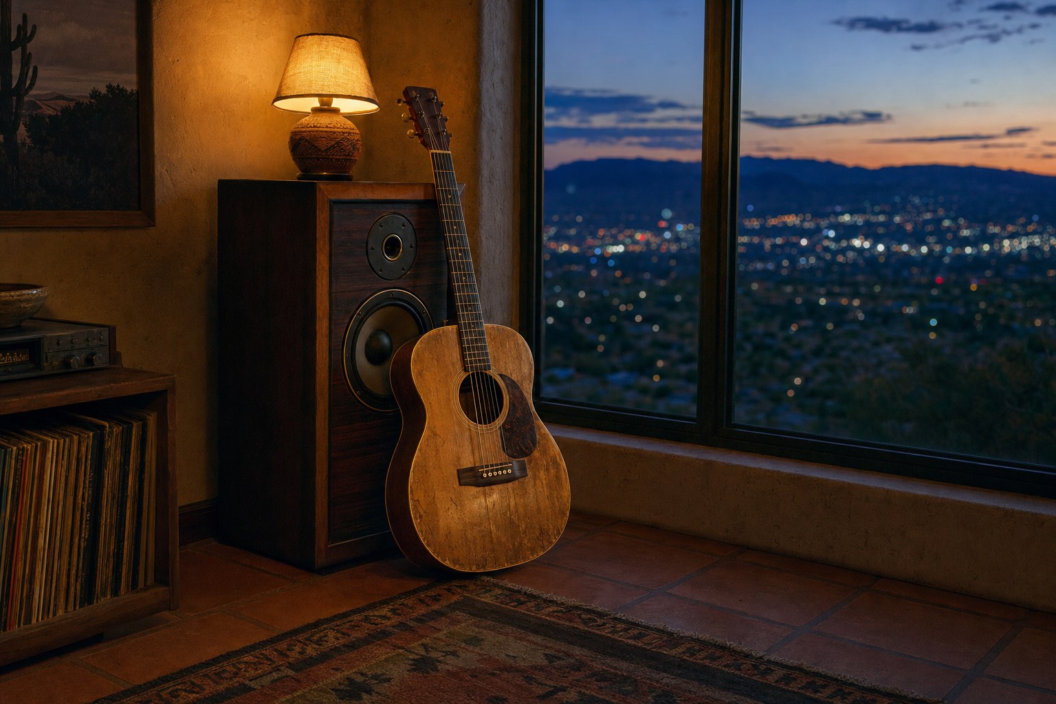 Acoustic guitar beside a vintage speaker in a Southwest listening room at dusk
