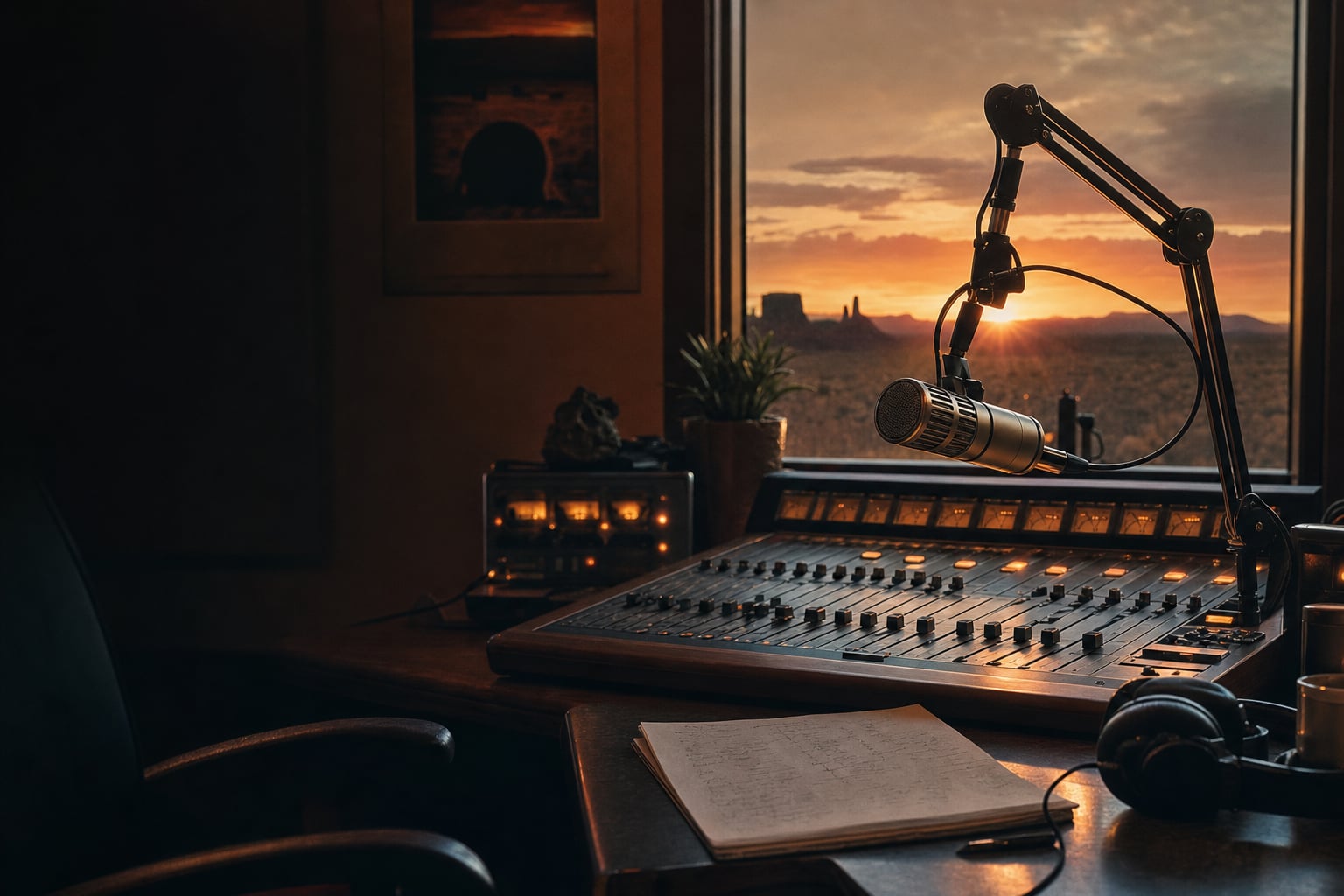 Radio broadcast studio with a microphone and mixing console at sunset