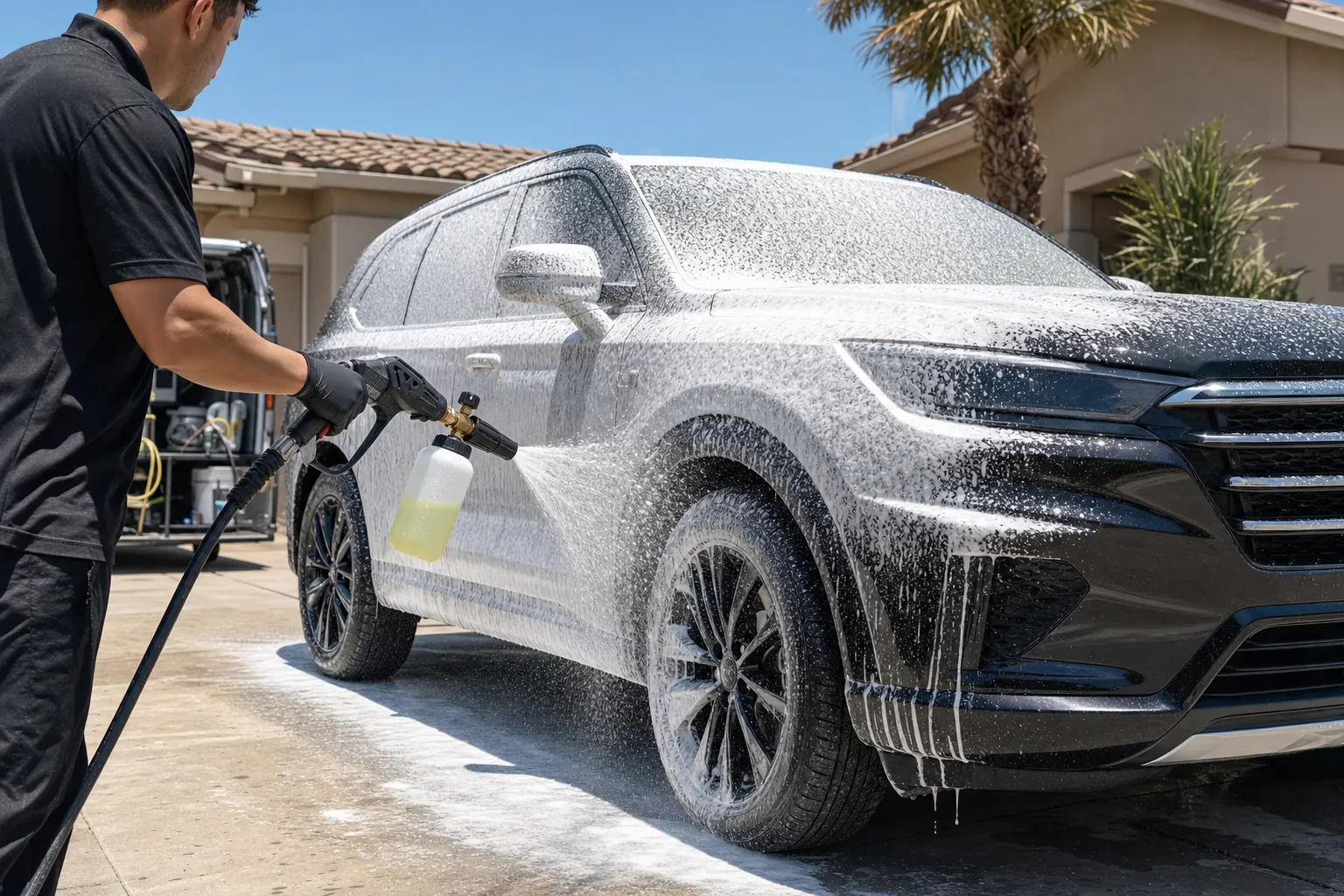 Vehicle covered in foam during an exterior mobile detail