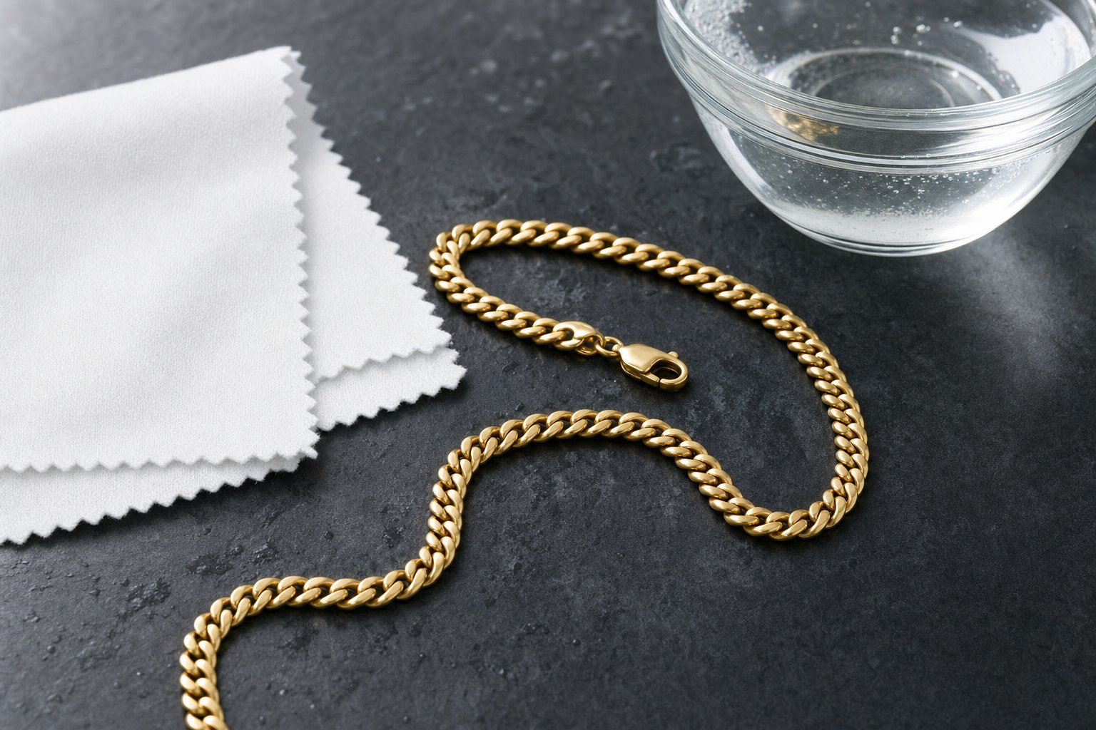 Gold curb chain beside a soft cloth and bowl of water