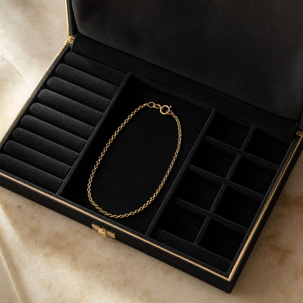 Gold chain stored separately in a lined jewelry box