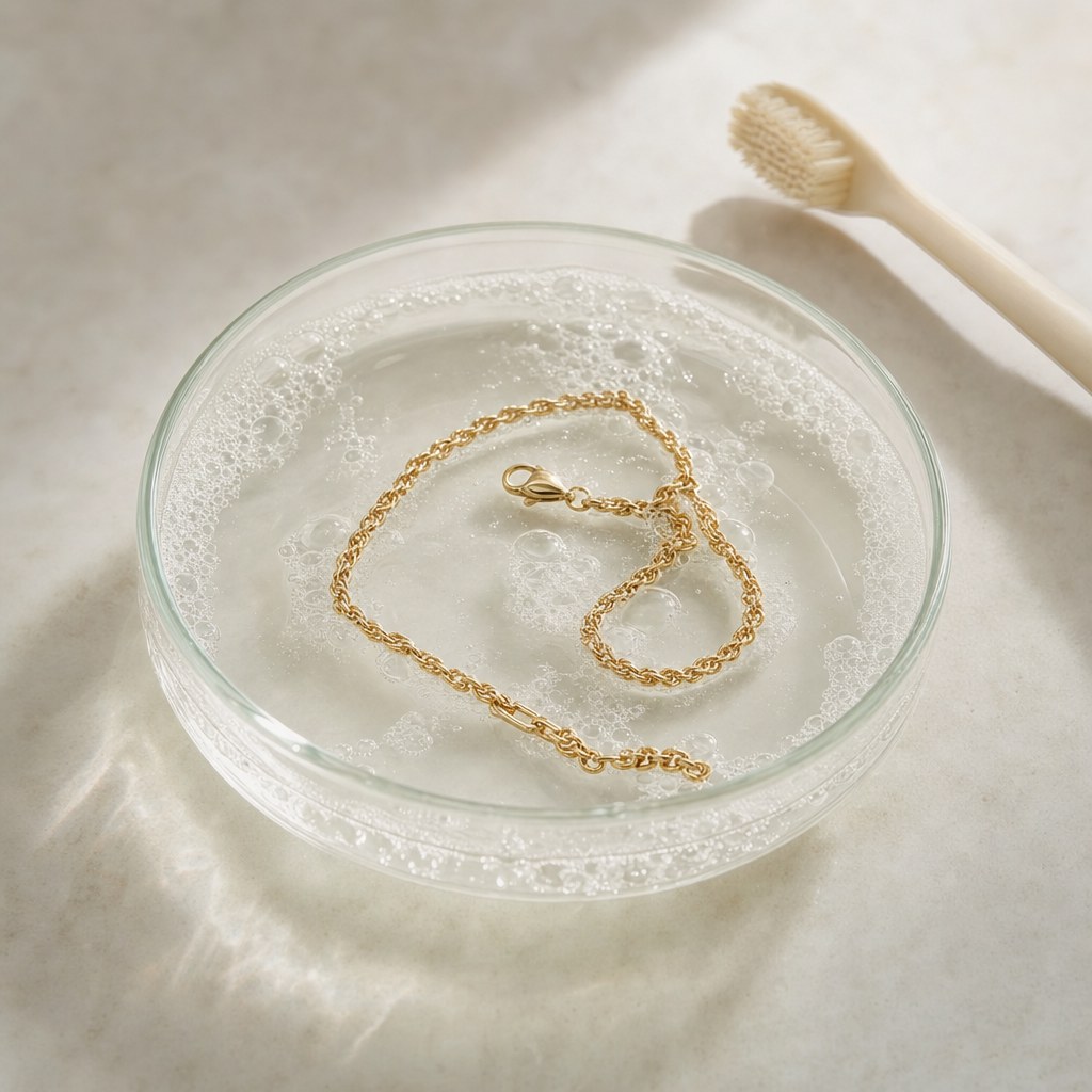 Gold chain soaking in a dish of mild soapy water