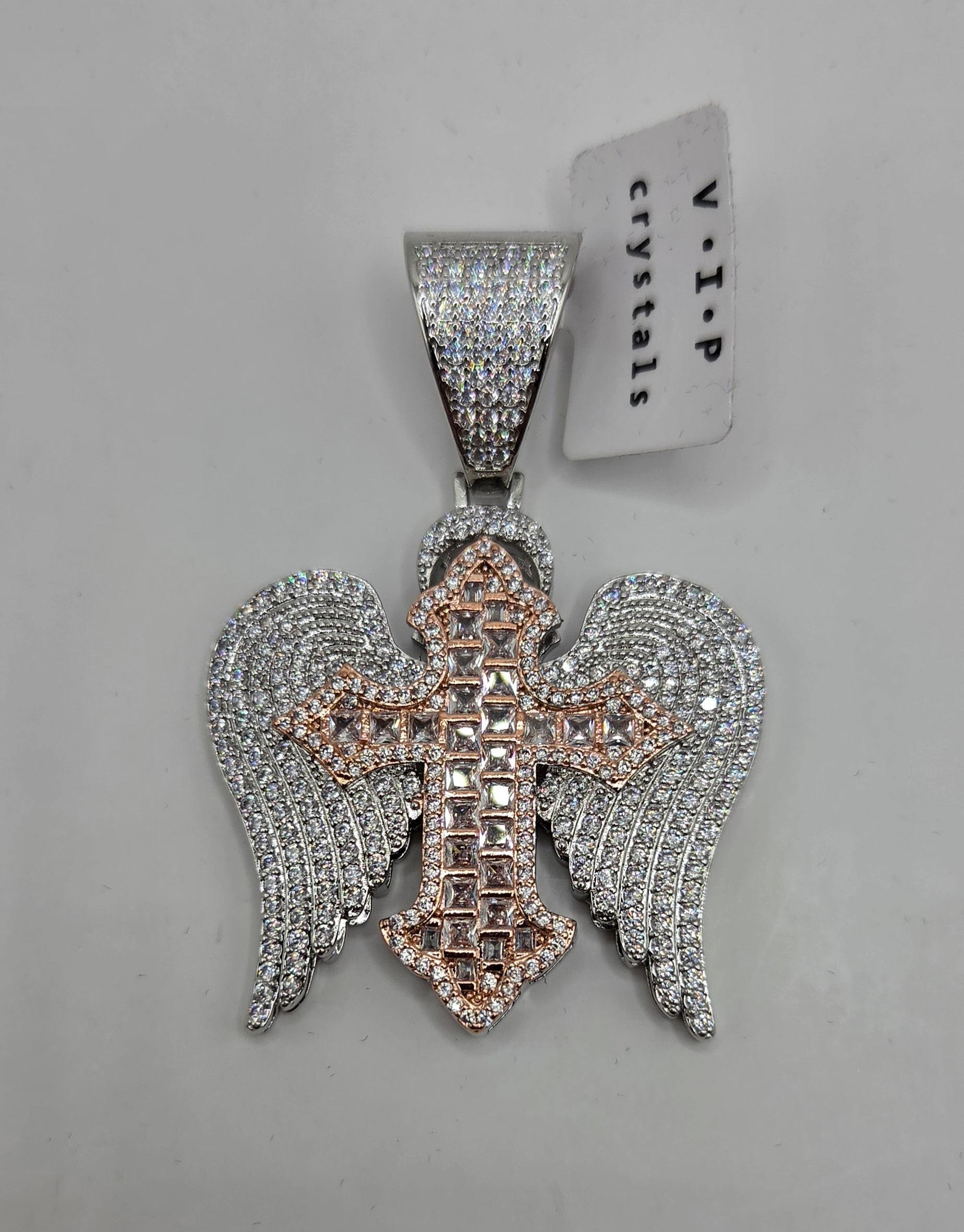 Gold-filled crystal cross pendant with angel wings