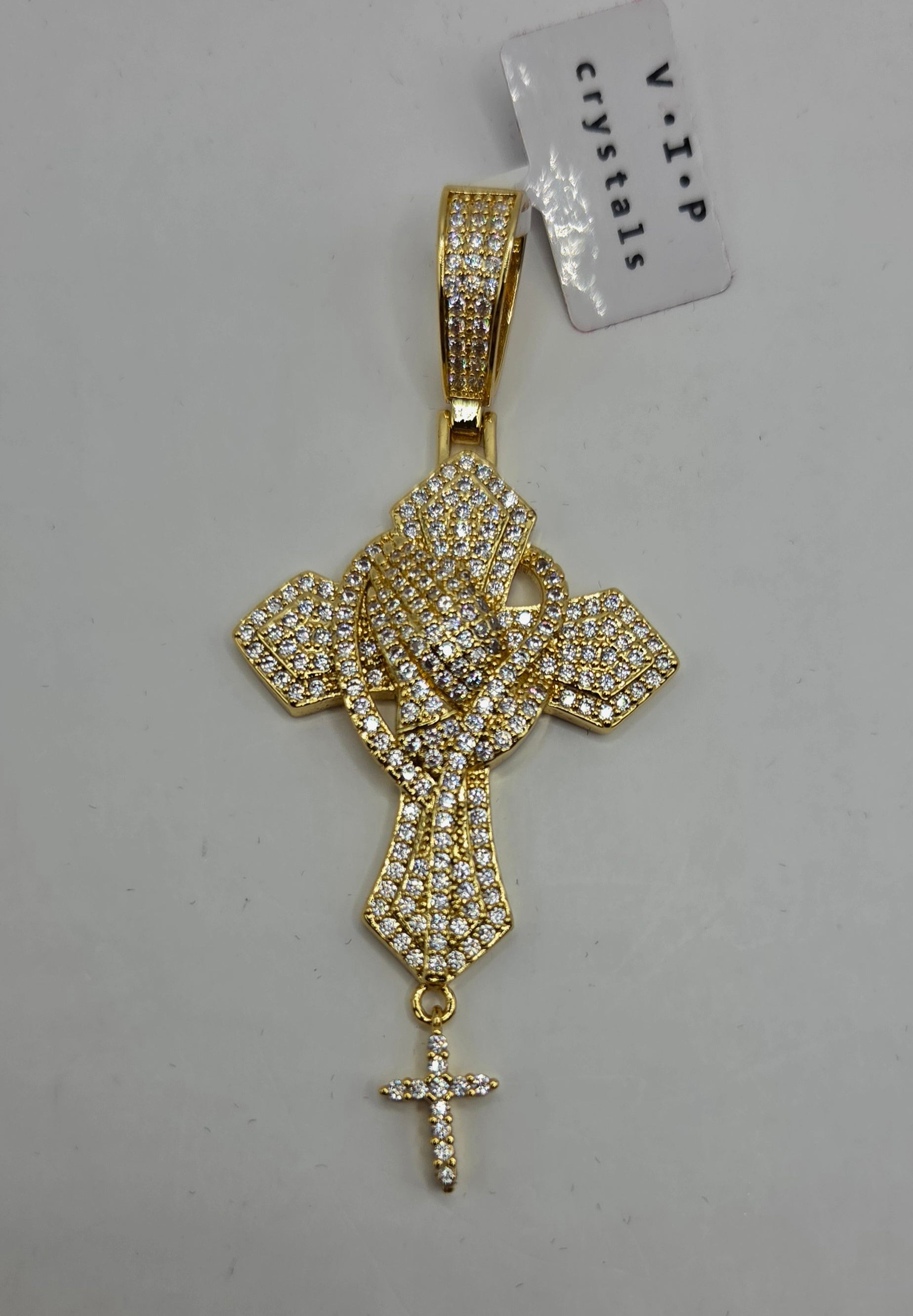 Gold-filled crystal cross pendant with prayer hands and angel wings