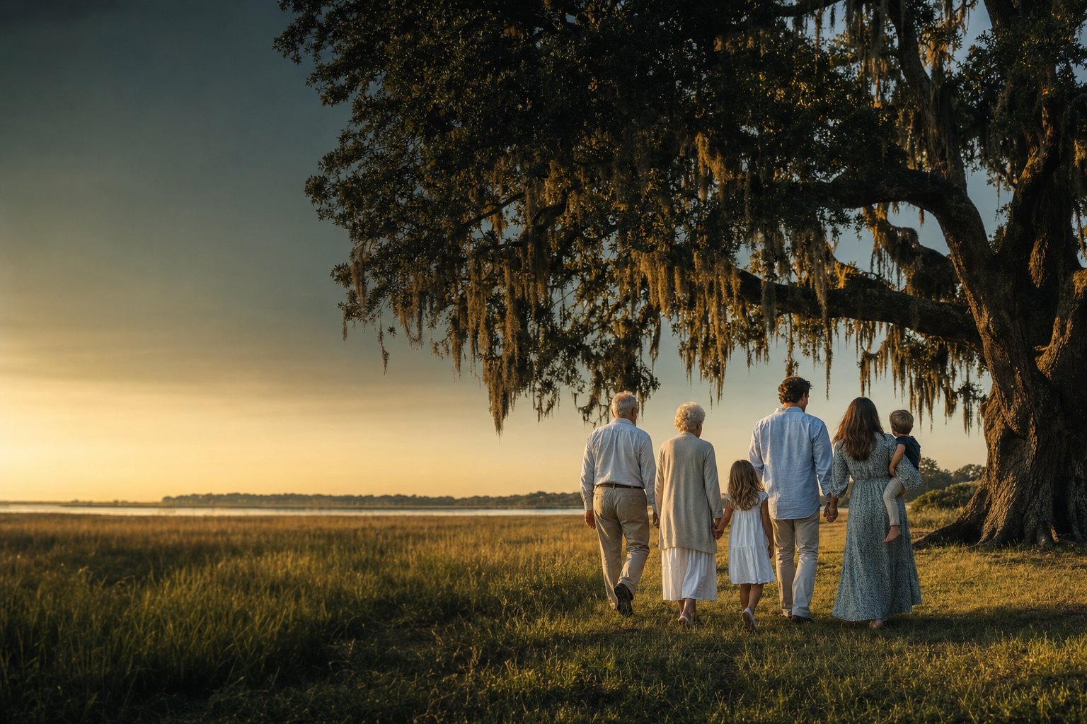 A multigenerational family walking beneath a live oak along Carolina marshland