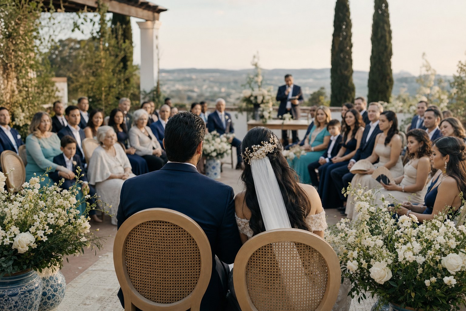 A couple facing their loved ones during an outdoor wedding ceremony
