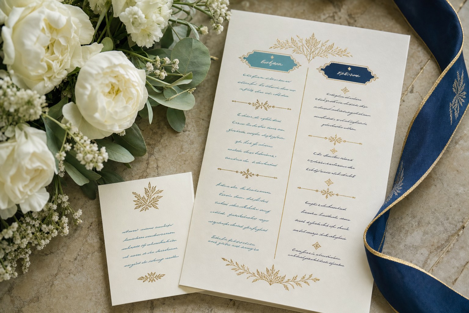 An elegant wedding program and flowers arranged on an ivory table