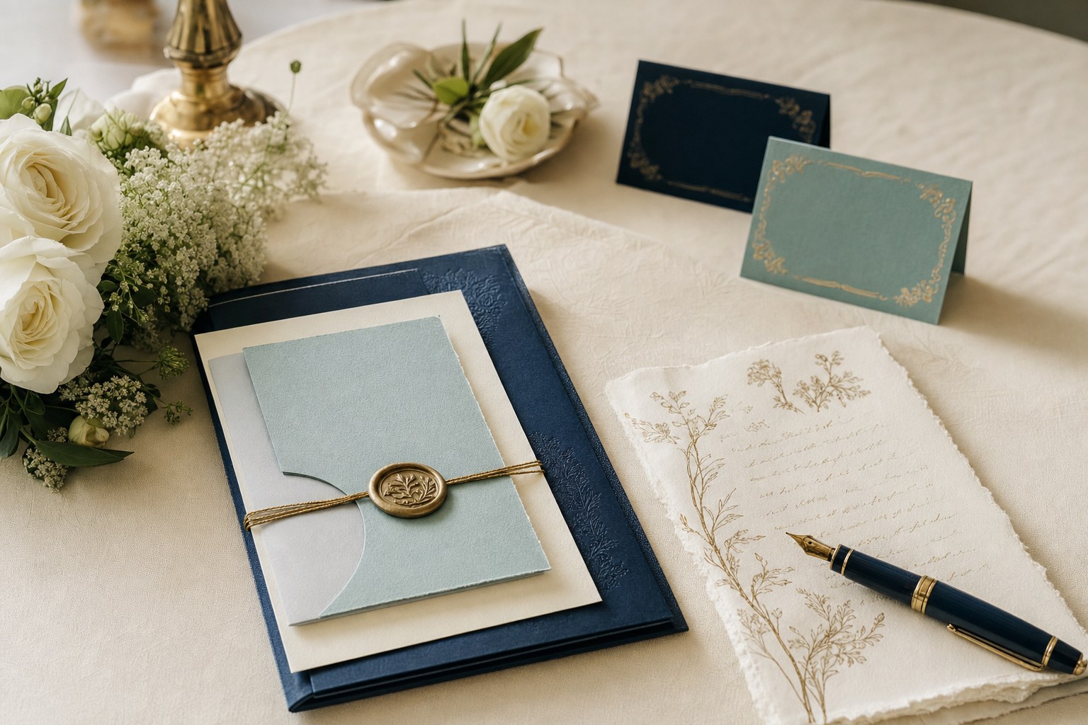 Wedding stationery and white flowers arranged on an ivory table