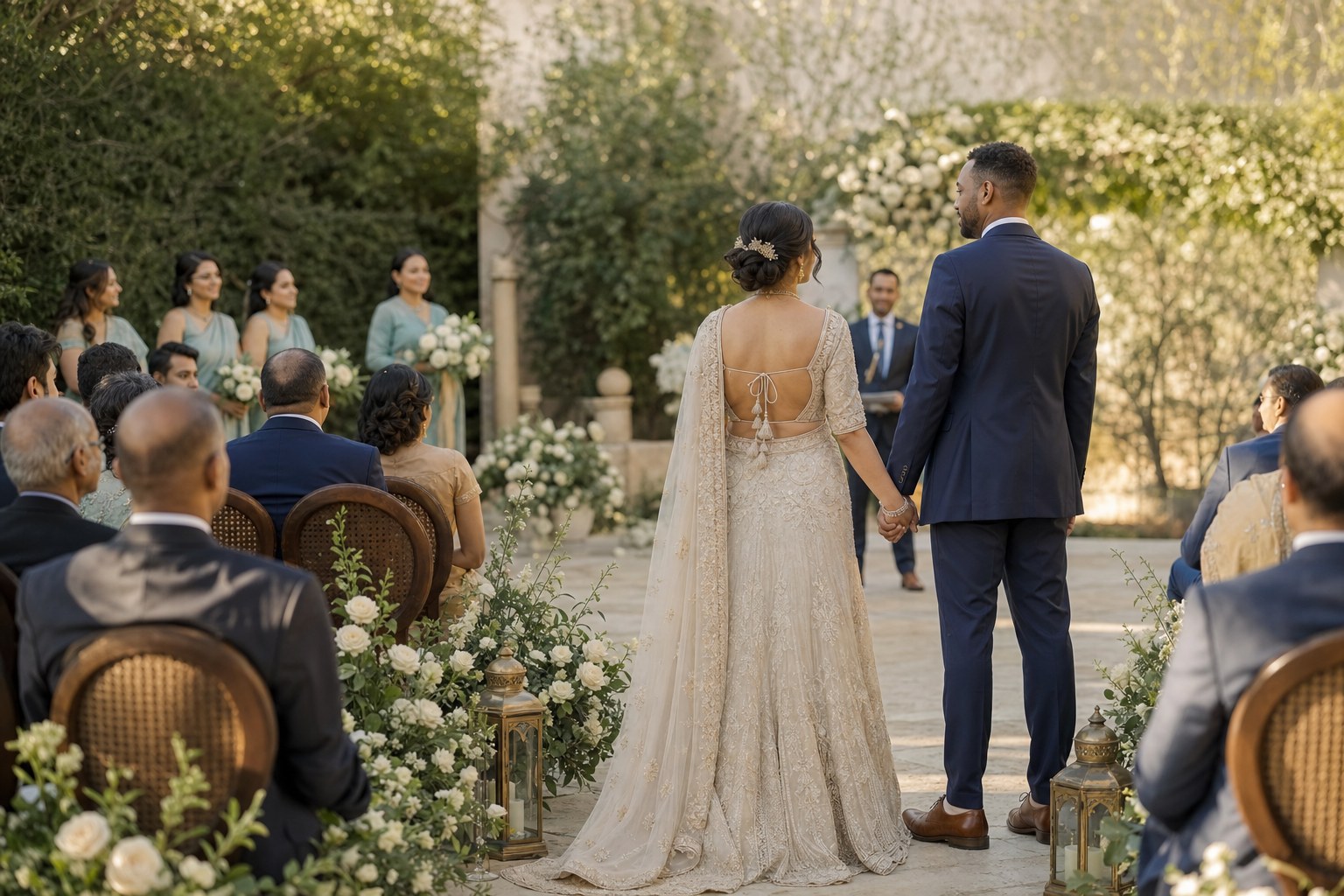 A newlywed couple standing together during an outdoor wedding ceremony