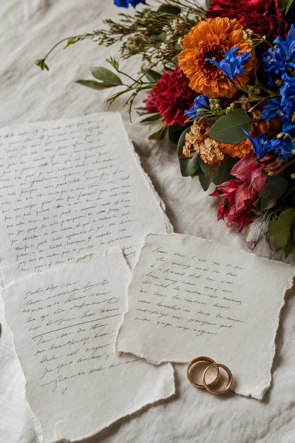 Handwritten wedding vows surrounded by colorful flowers