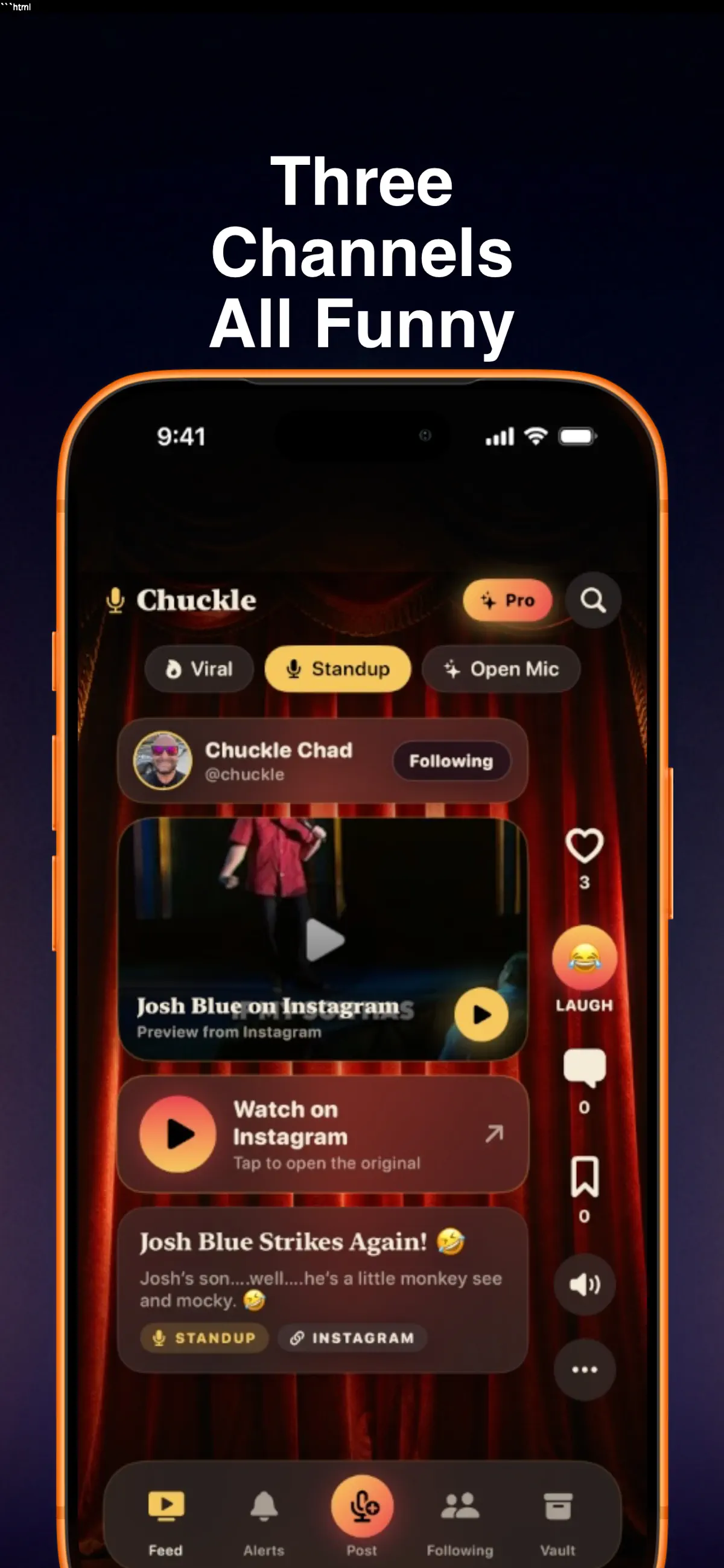 Chuckle tabs for Viral, Standup, and Open Mic comedy feeds