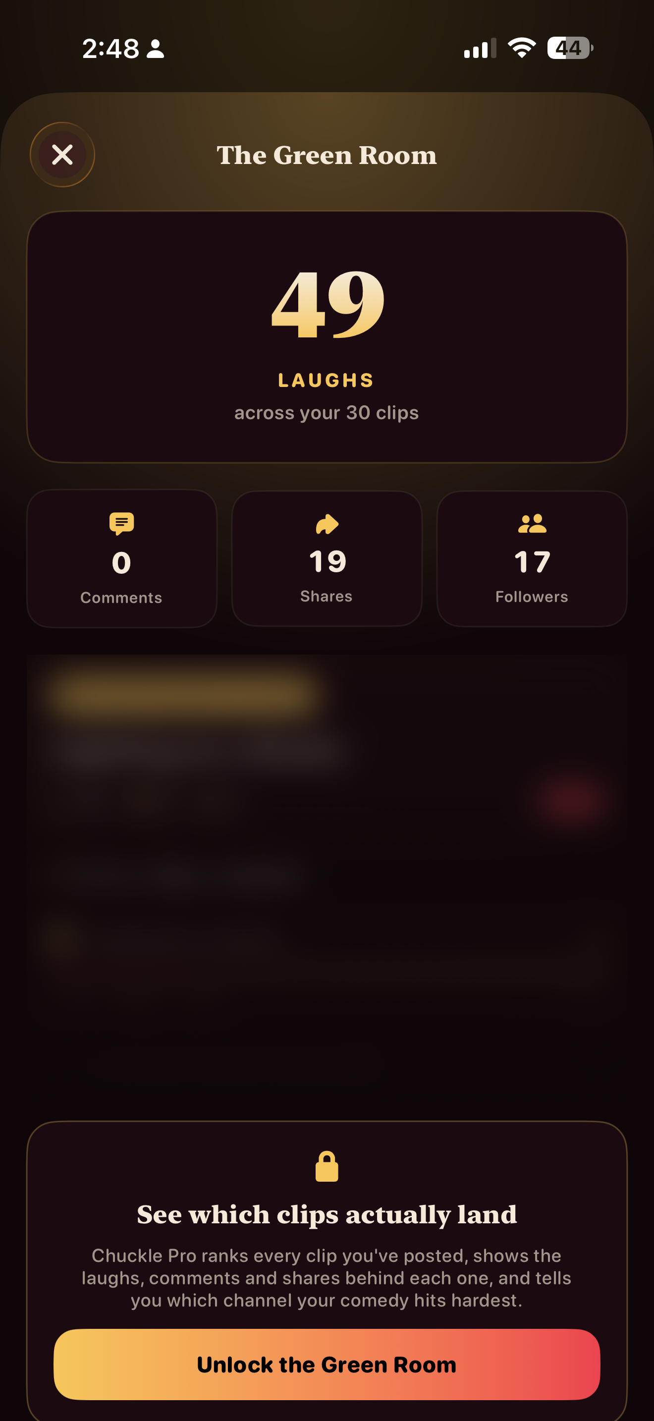Chuckle Green Room showing performance insights for comedy clips