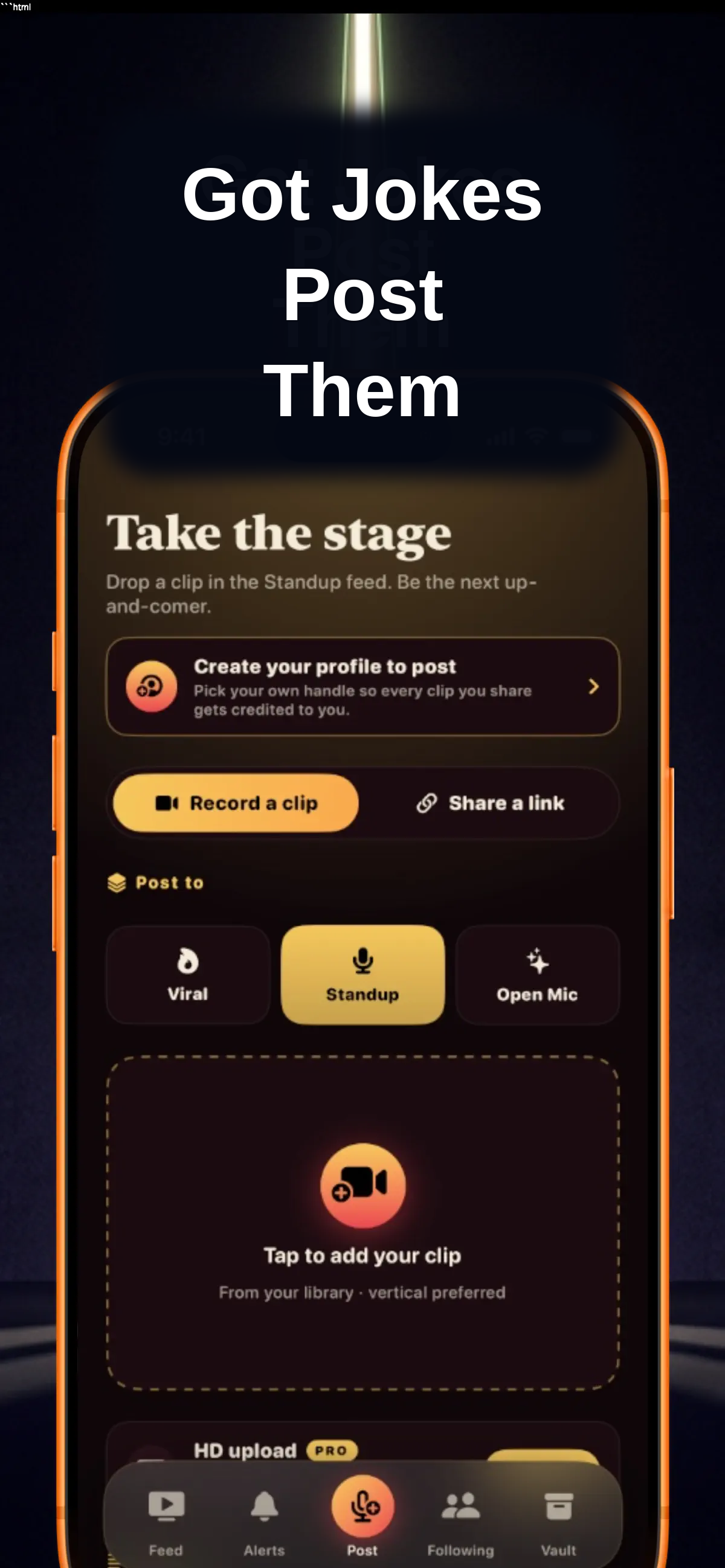 Chuckle's screen for adding the details to a comedy clip before posting