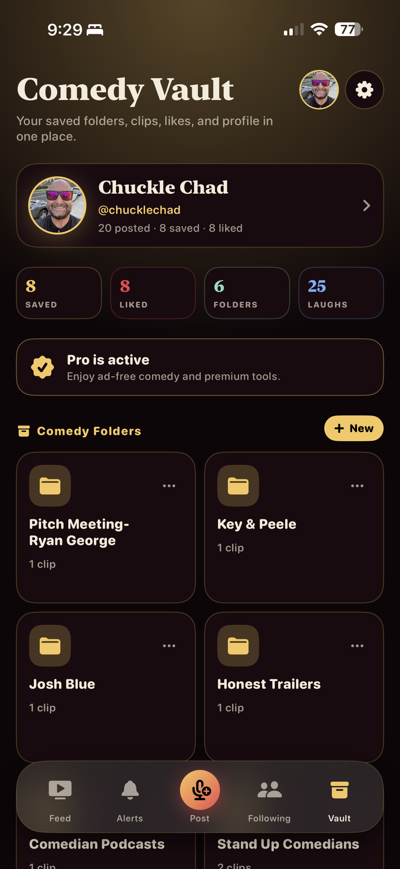 Chuckle Comedy Vault showing saved comedy video folders