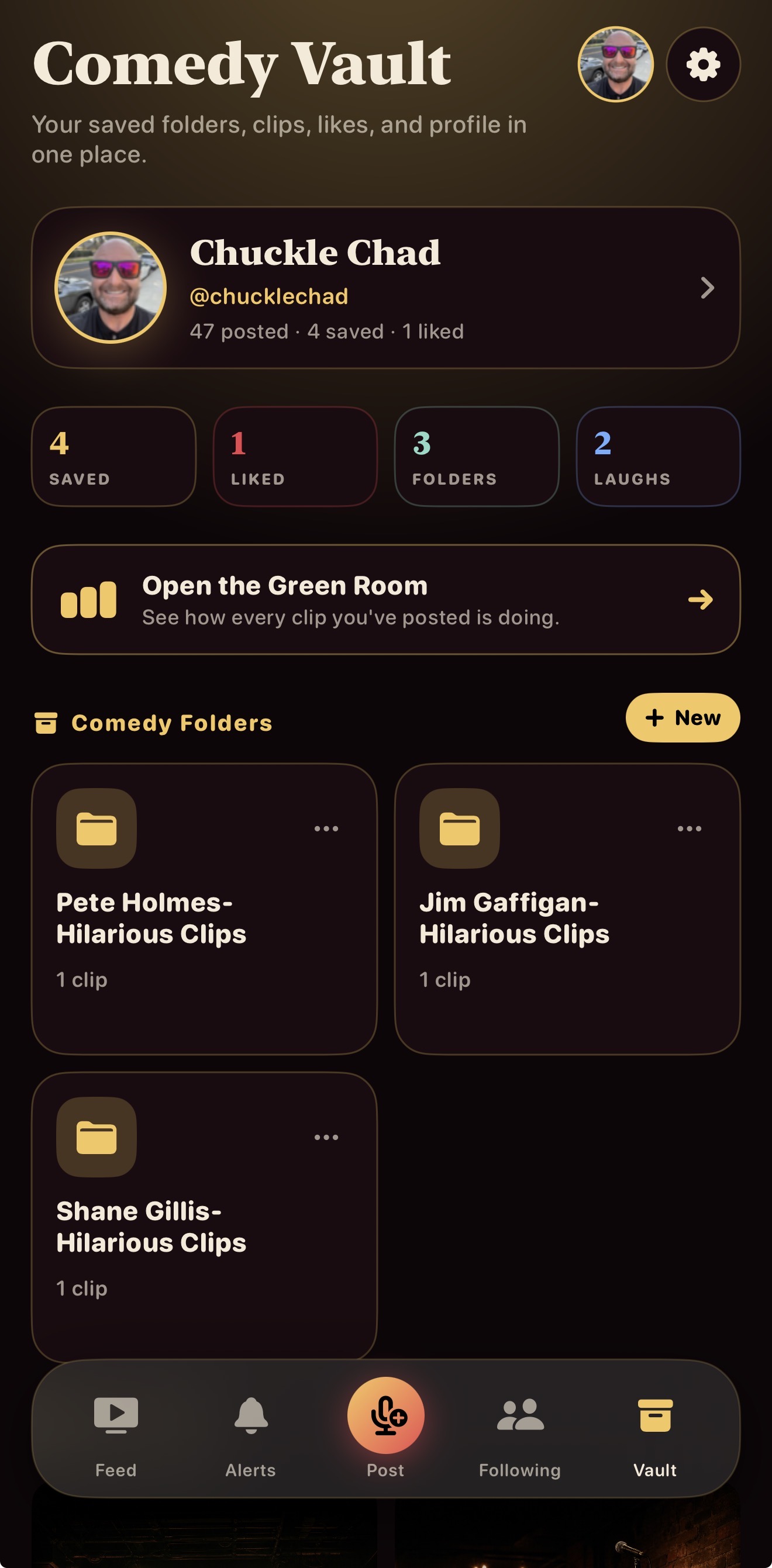 Chuckle Comedy Vault showing saved clips, folders, likes, and the Green Room entry