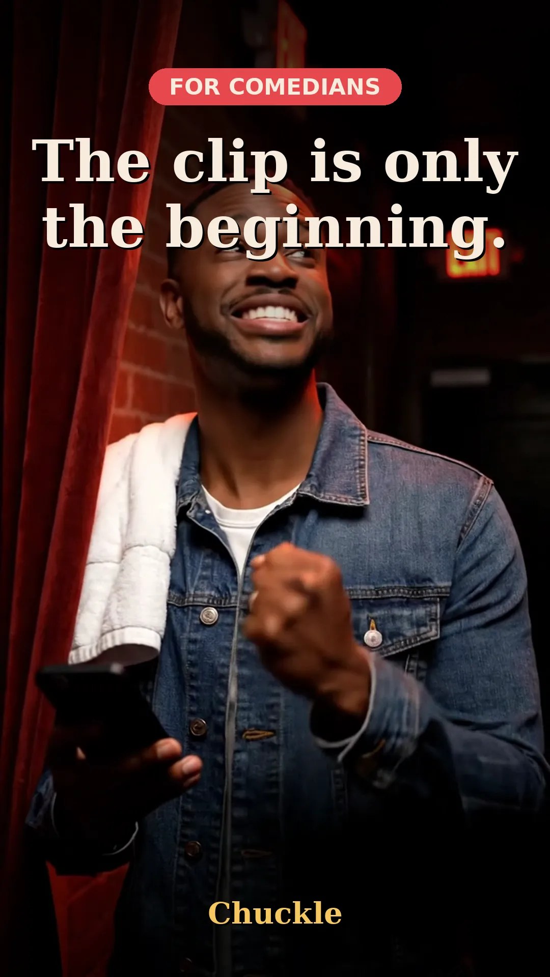 A comedian backstage holding a phone before a performance opportunity