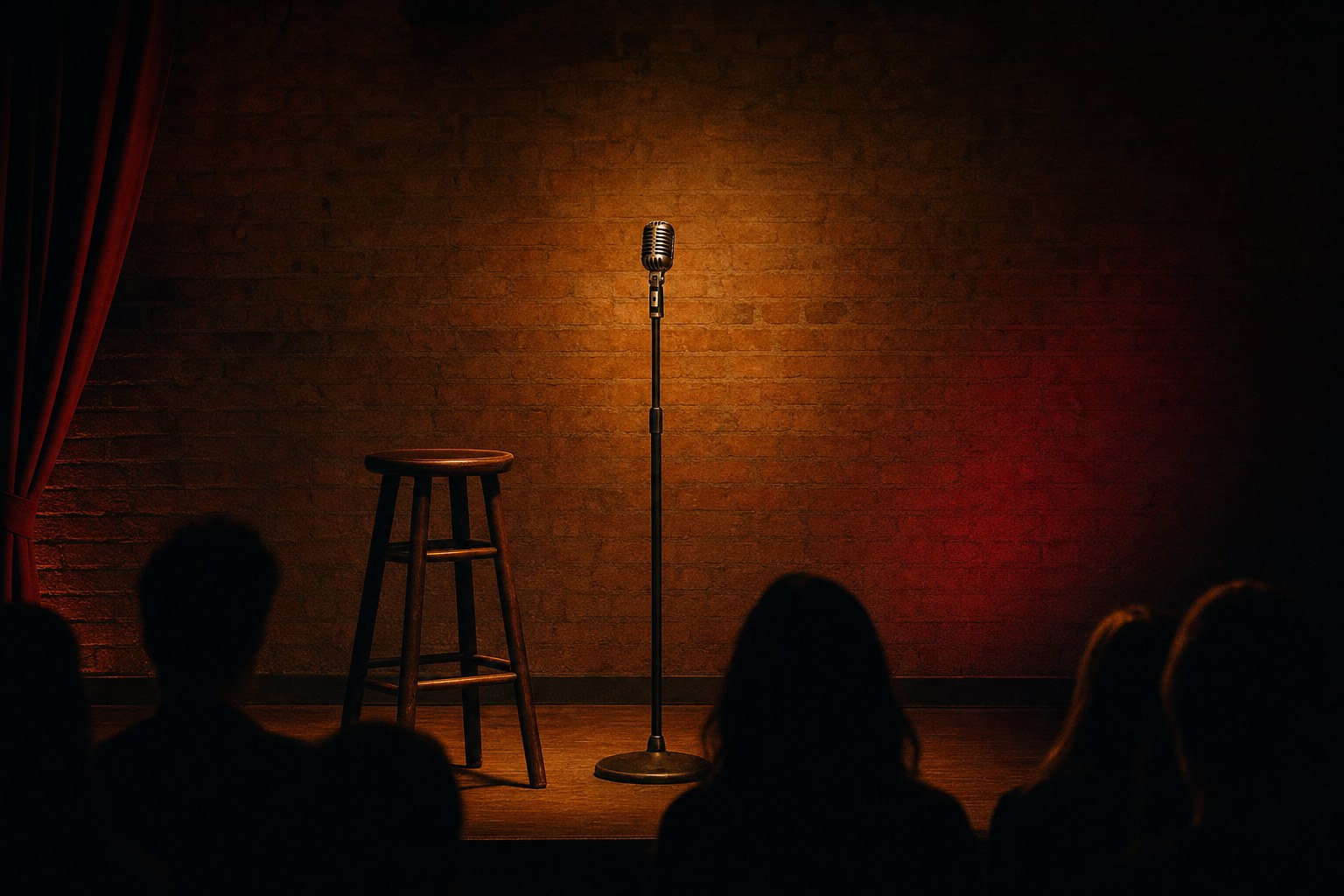 A vintage microphone and wooden stool on an intimate comedy-club stage