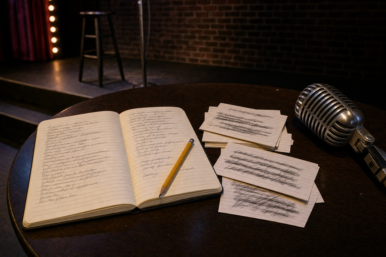 A notebook, pencil, note cards, and microphone on a table near a comedy-club stage