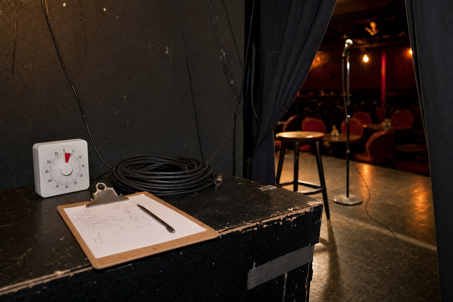 A backstage sign-up clipboard, timer, microphone cable, and a view toward a small comedy-club stage