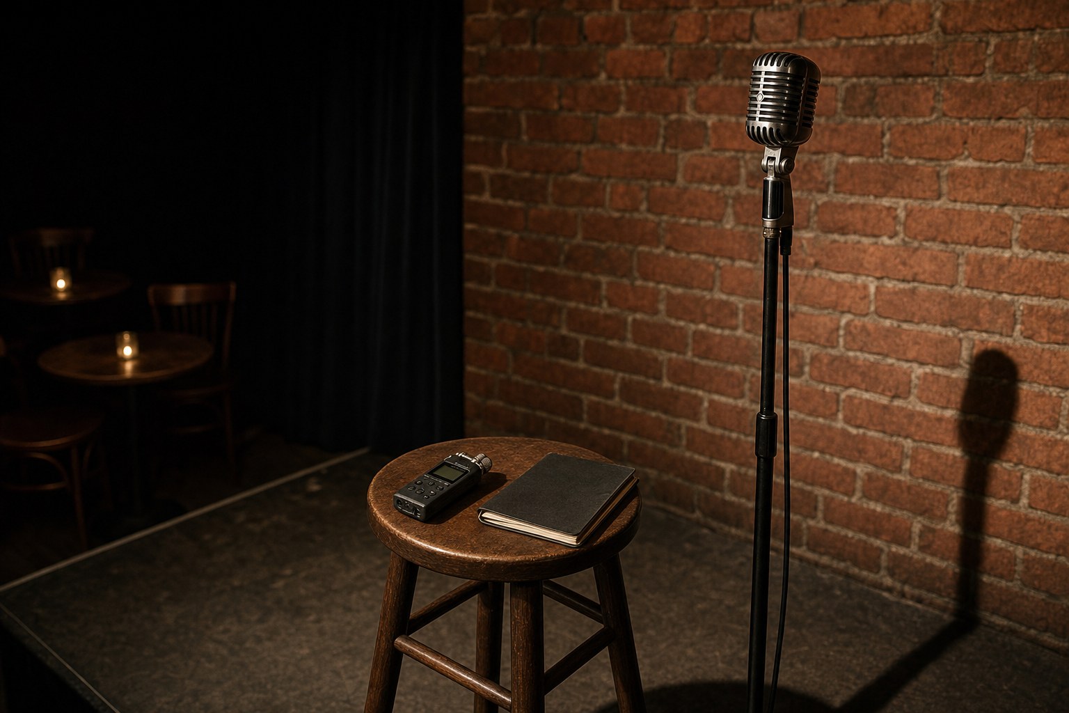 An audio recorder and notebook on a wooden stool beside a microphone on an empty comedy-club stage