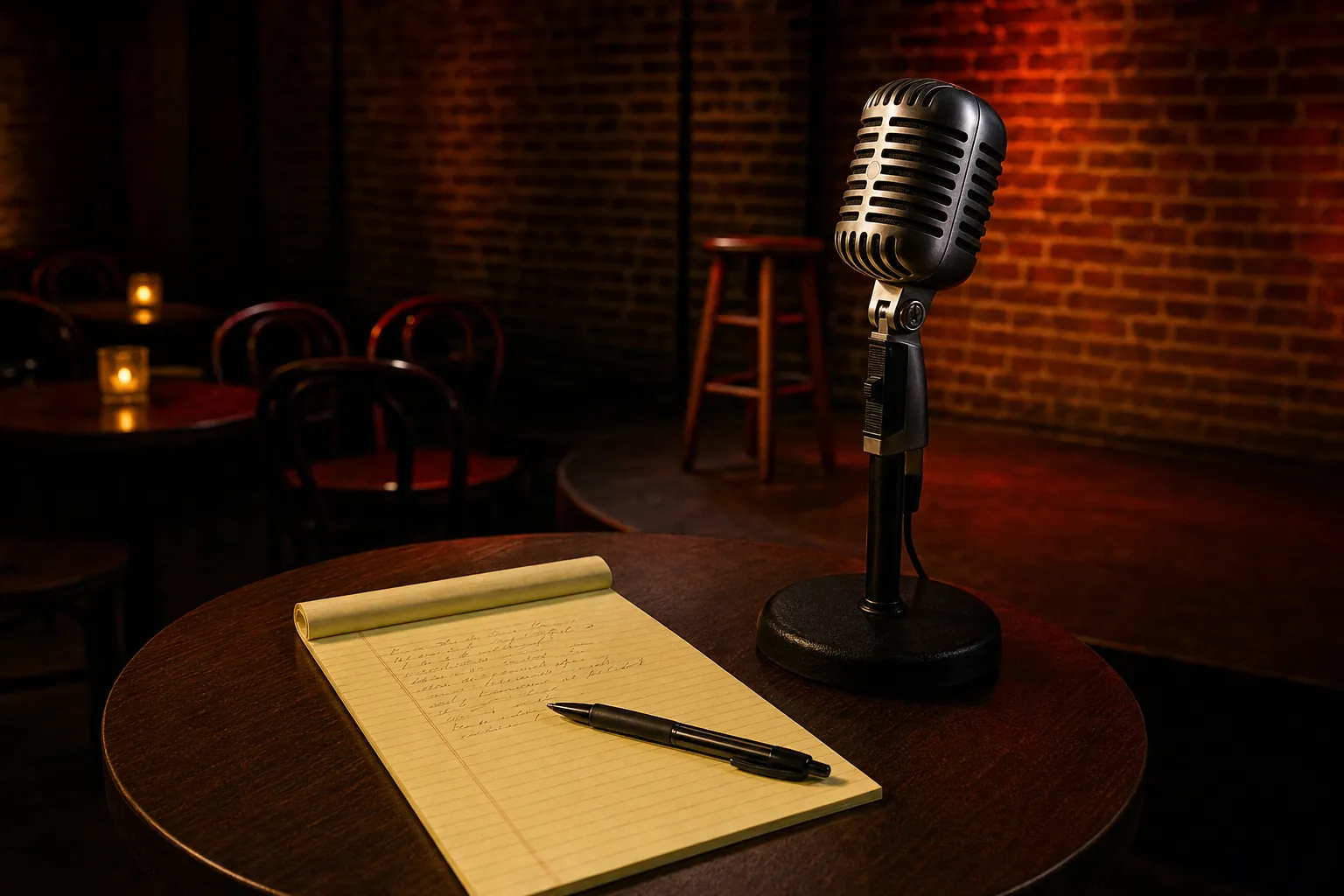 A legal pad and pen beside a vintage microphone in a warm brick-wall comedy club