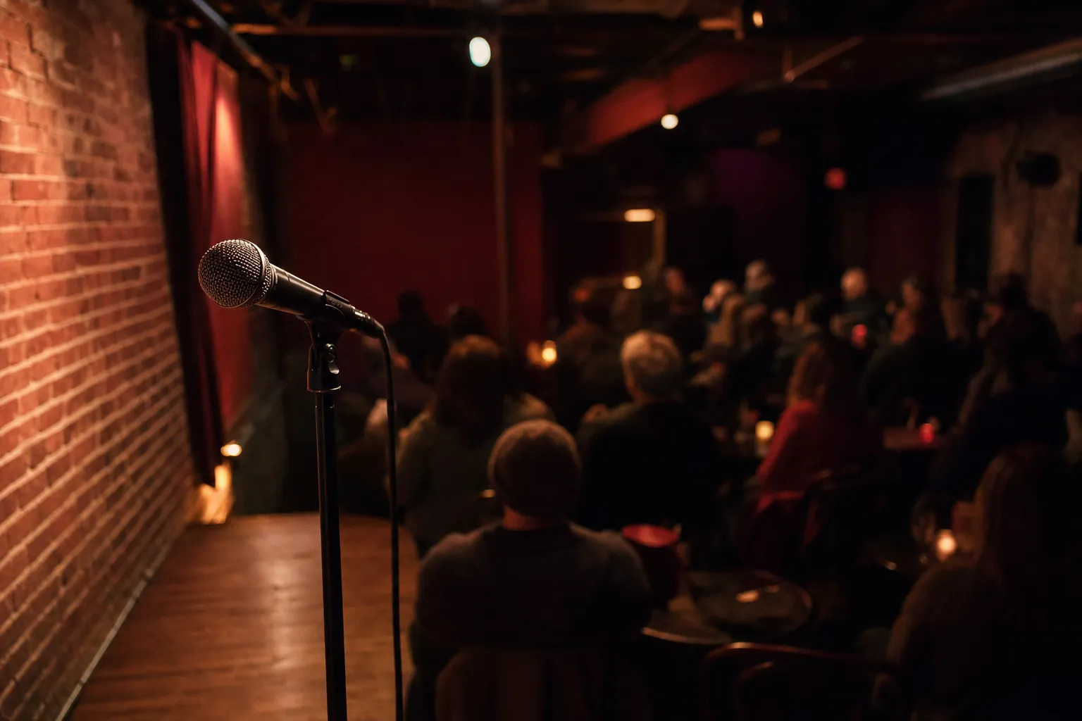 A microphone at the side of a small comedy club stage with an out-of-focus seated audience
