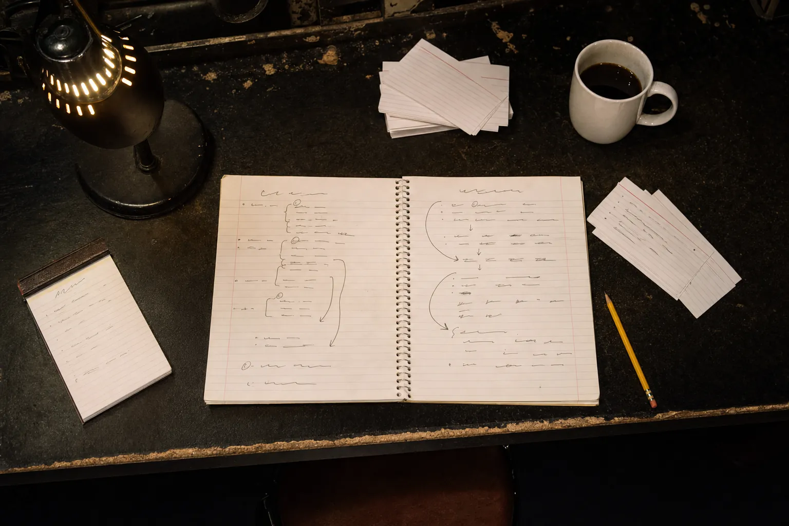 A notebook with an unreadable hand-drawn comedy set outline, index cards, and a coffee cup on a backstage table