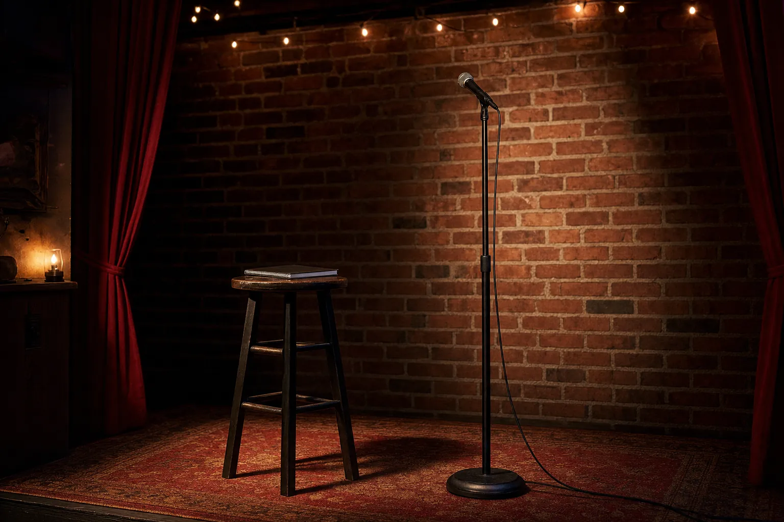 An empty open-mic stage with a microphone, stool, notebook, brick wall, and red curtains