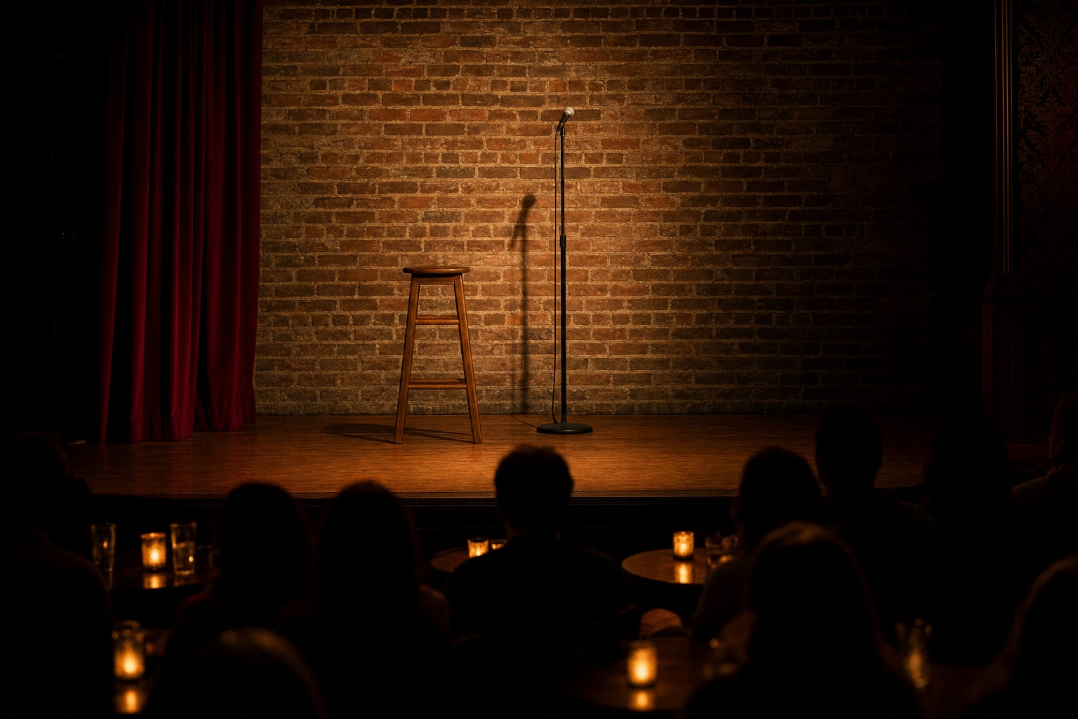 A microphone stand and wooden stool on a quiet brick-walled comedy-club stage with the audience in silhouette