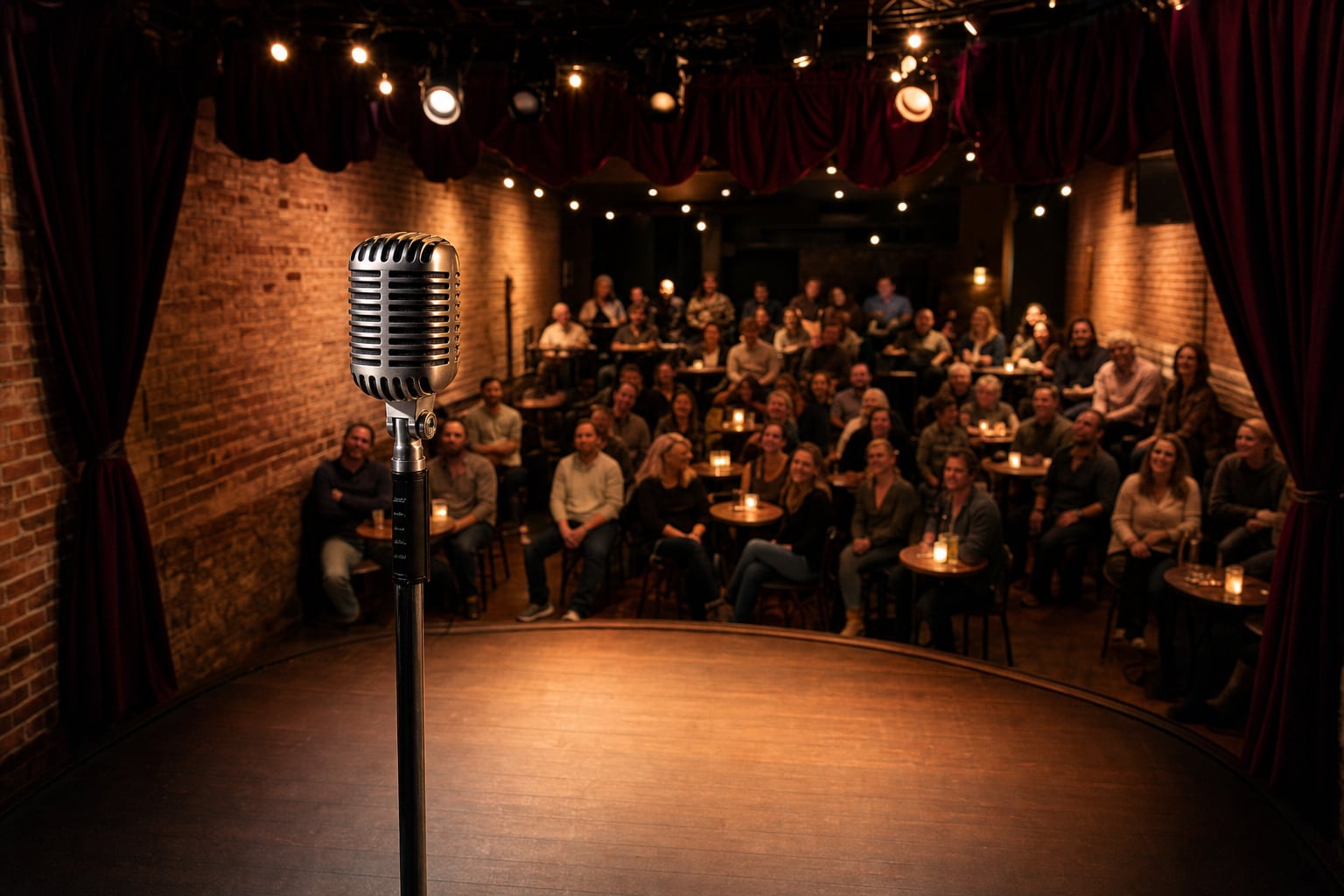 A vintage microphone facing an attentive audience in a warm brick-walled comedy club