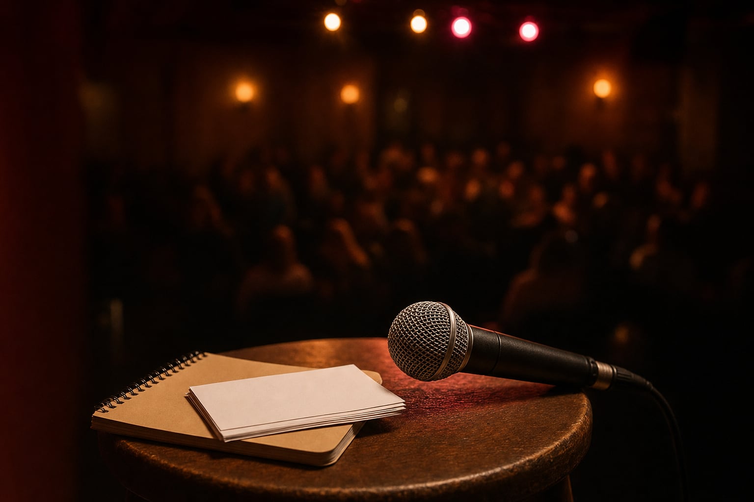 A microphone, blank note cards, and a notebook on a stool in front of a softly blurred comedy-club audience