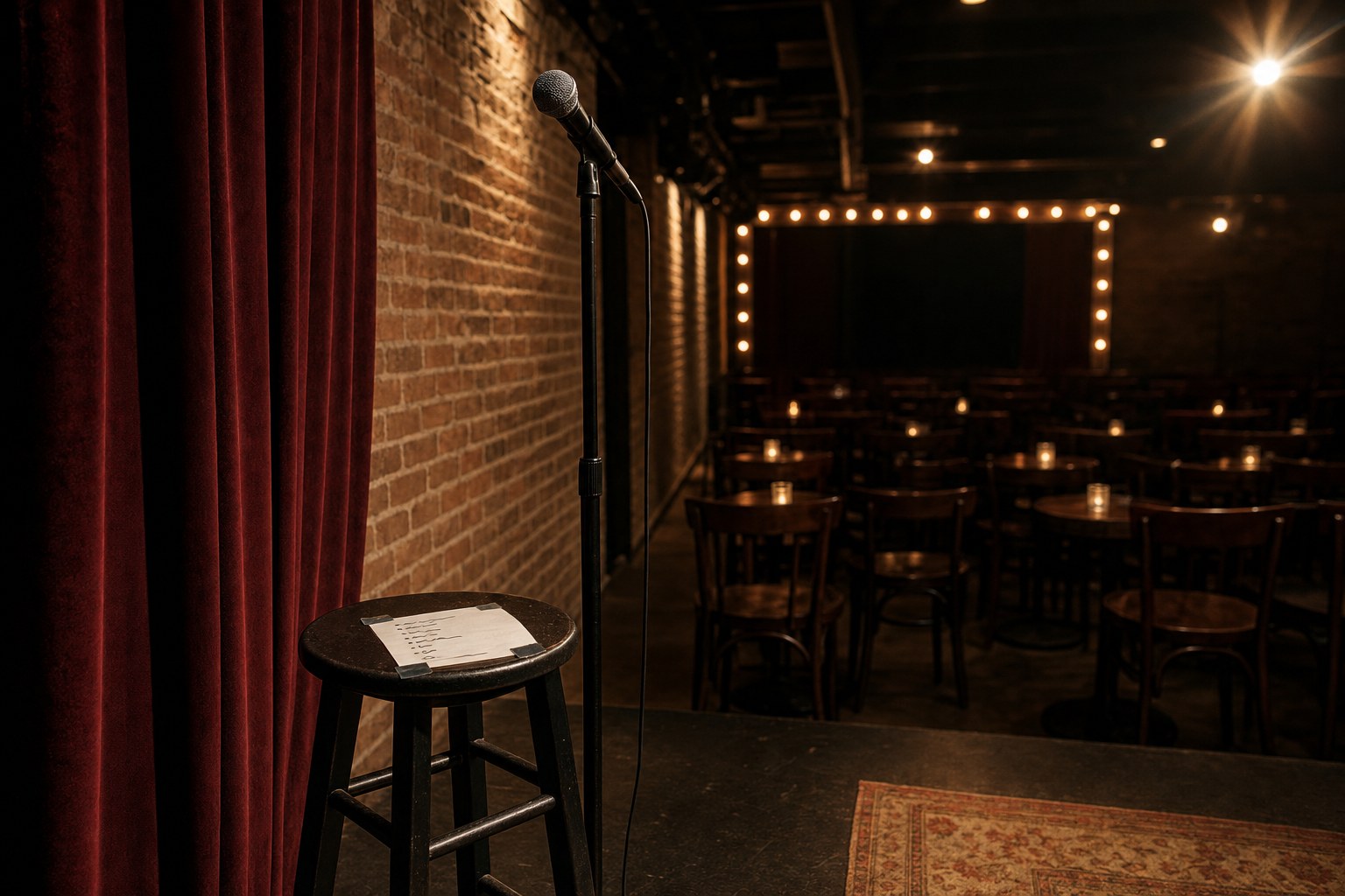 A microphone and stool waiting beside the burgundy curtain of an empty comedy club stage
