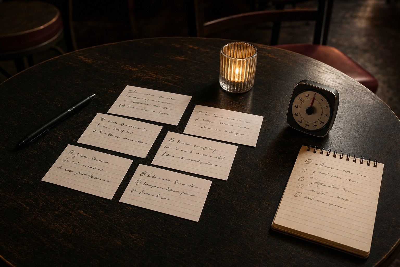 Index cards, a pen, a timer, and a notebook arranged on a dark comedy-club table